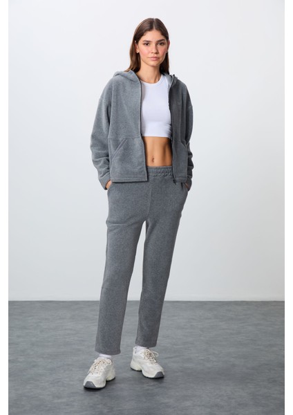 Gri Melanj Kalın Yumuşak Dokulu Kapüşonlu Oversize Nakışlı Polar Kadın Eşofman Takım -95338 fırsatları