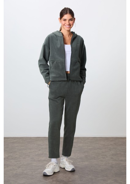 Haki Kalın Yumuşak Dokulu Kapüşonlu Oversize Nakışlı Polar Kadın Eşofman Takım -95338
