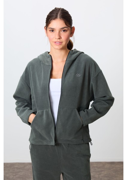 Haki Kalın Yumuşak Dokulu Kapüşonlu Oversize Nakışlı Polar Kadın Eşofman Takım -95338 fiyatları