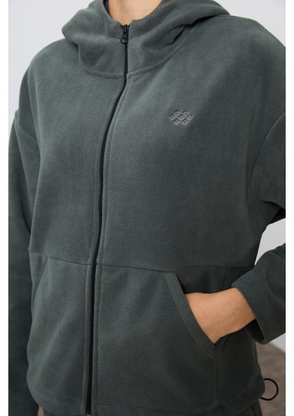 Haki Kalın Yumuşak Dokulu Kapüşonlu Oversize Nakışlı Polar Kadın Eşofman Takım -95338 fırsatları