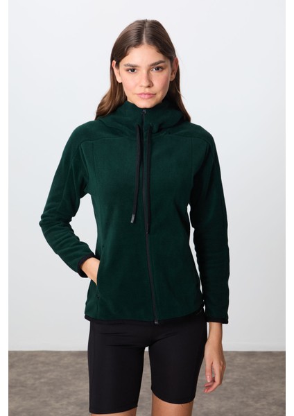Çam Yeşili Kalın Yumuşak Dokulu Kapüşonlu Standart Fit Nakışlı Polar Kadın Sweatshirt -97287 fiyatları