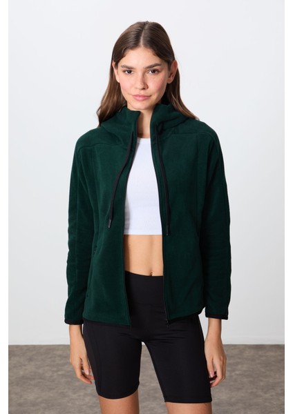 Çam Yeşili Kalın Yumuşak Dokulu Kapüşonlu Standart Fit Nakışlı Polar Kadın Sweatshirt -97287 fırsatları