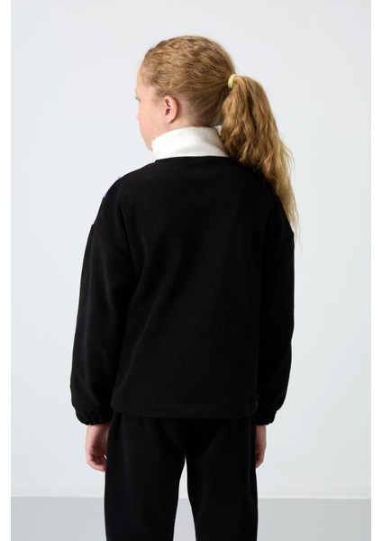 Siyah Kalın Yumuşak Dokulu Oversize Nakışlı Polar Kız Çocuk Sweatshirt - 75153 indirimleri