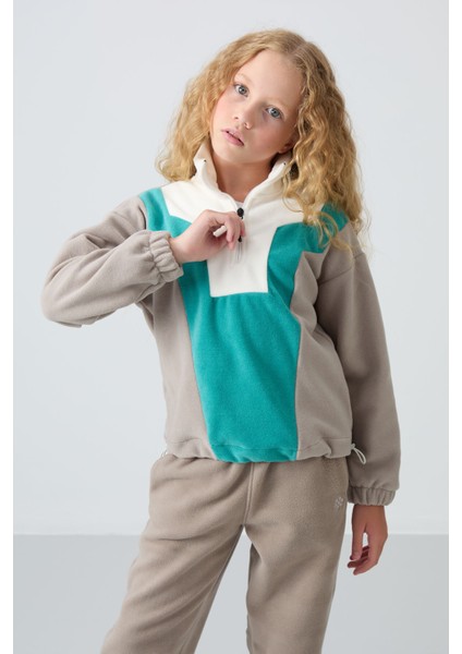 Koyu Bej Kalın Yumuşak Dokulu Oversize Nakışlı Polar Kız Çocuk Sweatshirt - 75153