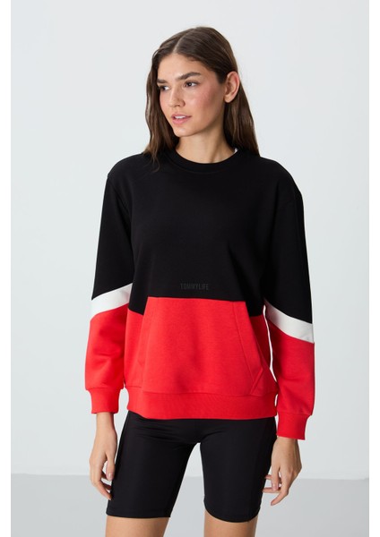 Siyah Kompakt Pamuklu Kalın Pürüzsüz Dokulu O Yaka Oversize Fit Kadın Sweatshirt - 97289