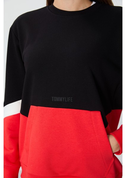 Siyah Kompakt Pamuklu Kalın Pürüzsüz Dokulu O Yaka Oversize Fit Kadın Sweatshirt - 97289 modelleri