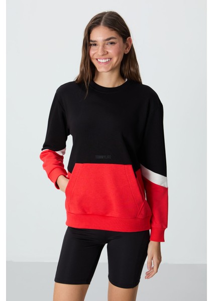 Siyah Kompakt Pamuklu Kalın Pürüzsüz Dokulu O Yaka Oversize Fit Kadın Sweatshirt - 97289 fırsatları