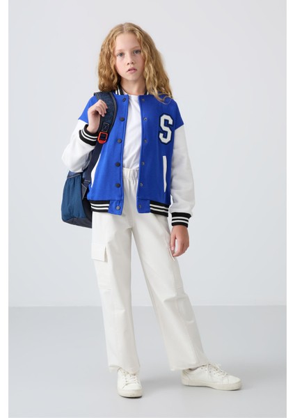 Gece Mavi Pamuklu İçi Tüylü Yumuşak Dokulu Standart Fit Nakışlı Kız Çocuk Kolej Ceket - 75163 modelleri