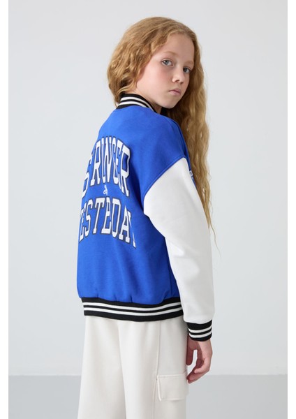 Gece Mavi Pamuklu İçi Tüylü Yumuşak Dokulu Standart Fit Nakışlı Kız Çocuk Kolej Ceket - 75163 fırsatları