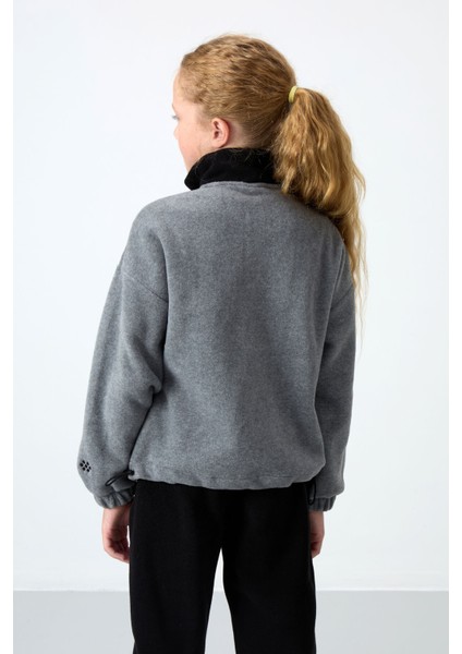 Gri Melanj Kalın Yumuşak Dokulu Oversize Nakışlı Polar Kız Çocuk Sweatshirt - 75153 indirimleri