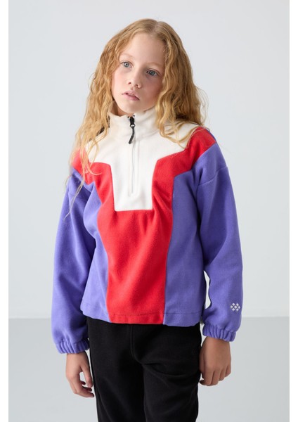 Eflatun Kalın Yumuşak Dokulu Oversize Nakışlı Polar Kız Çocuk Sweatshirt - 75153
