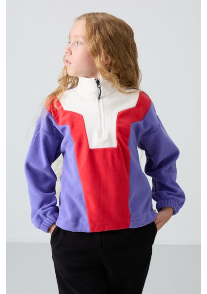 Eflatun Kalın Yumuşak Dokulu Oversize Nakışlı Polar Kız Çocuk Sweatshirt - 75153 fırsatları