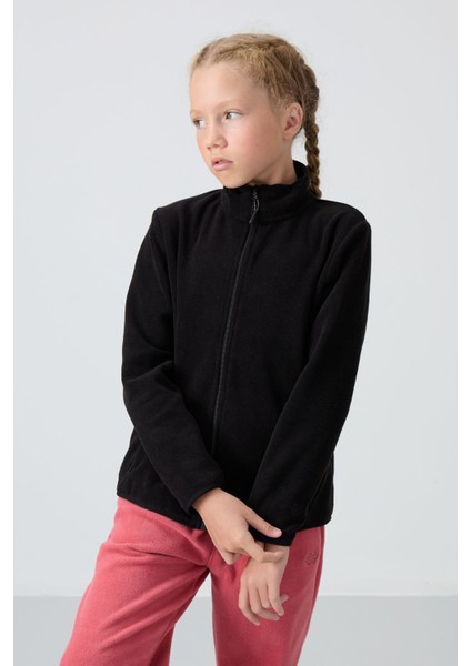 Siyah Kalın Yumuşak Dokulu Standart Fit Nakışlı Polar Kız Çocuk Sweatshirt - 75154
