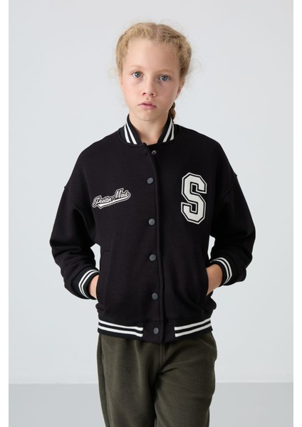 Siyah Pamuklu İçi Tüylü Yumuşak Dokulu Standart Fit Nakışlı Kız Çocuk Kolej Ceket - 75163 fiyatları