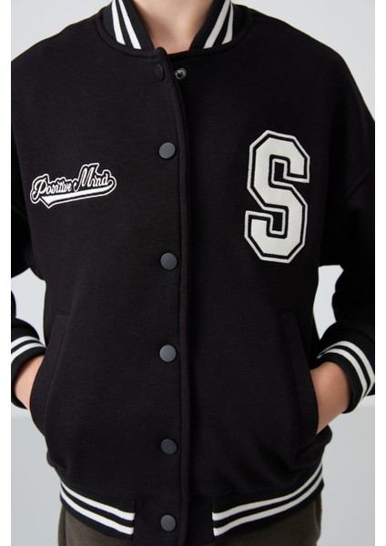 Siyah Pamuklu İçi Tüylü Yumuşak Dokulu Standart Fit Nakışlı Kız Çocuk Kolej Ceket - 75163 modelleri