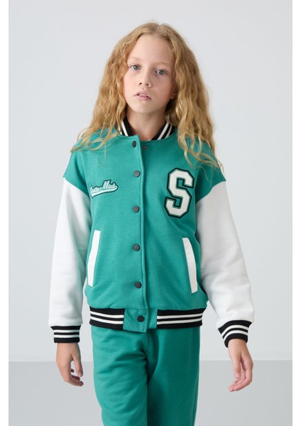 Deniz Yeşil Pamuklu İçi Tüylü Yumuşak Dokulu Standart Fit Nakışlı Kız Çocuk Kolej Ceket - 75163 modelleri
