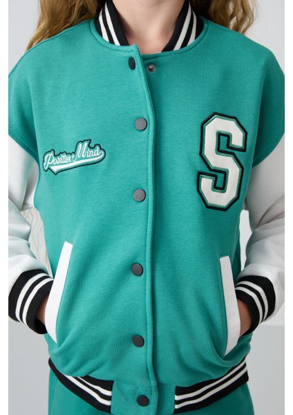 Deniz Yeşil Pamuklu İçi Tüylü Yumuşak Dokulu Standart Fit Nakışlı Kız Çocuk Kolej Ceket - 75163 fırsatları