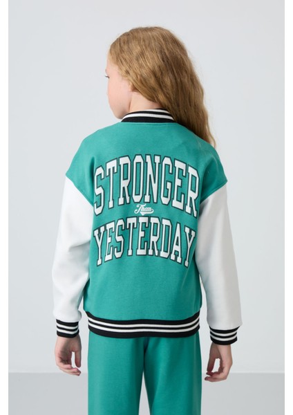 Deniz Yeşil Pamuklu İçi Tüylü Yumuşak Dokulu Standart Fit Nakışlı Kız Çocuk Kolej Ceket - 75163 indirimleri