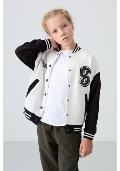 Ekru Pamuklu İçi Tüylü Yumuşak Dokulu Standart Fit Nakışlı Kız Çocuk Kolej Ceket - 75163