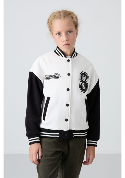 Ekru Pamuklu İçi Tüylü Yumuşak Dokulu Standart Fit Nakışlı Kız Çocuk Kolej Ceket - 75163 fırsatları