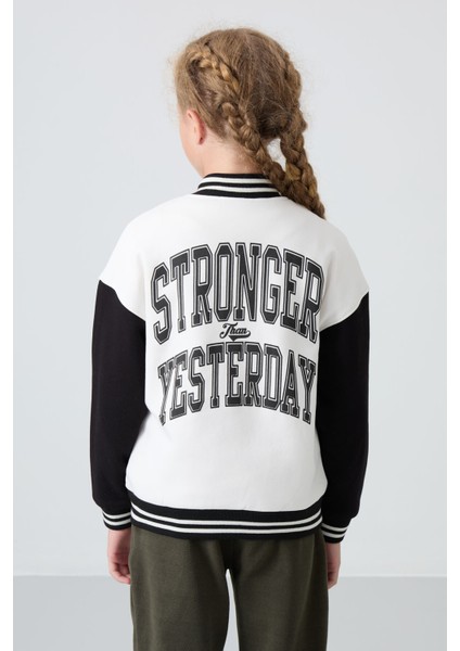 Ekru Pamuklu İçi Tüylü Yumuşak Dokulu Standart Fit Nakışlı Kız Çocuk Kolej Ceket - 75163 indirimleri