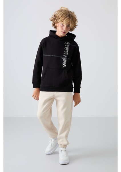 Bej Pamuklu Kalın İçi Tüylü Yumuşak Dokulu Standart Fit Baskılı Erkek Çocuk Eşofman Alt - 11225