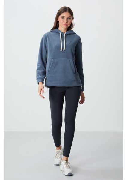 Petrol Kalın Yumuşak Dokulu Kapüşonlu Oversize Nakışlı Polar Kadın Sweatshirt - 97292 fiyatları