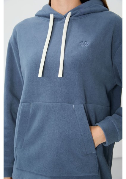 Petrol Kalın Yumuşak Dokulu Kapüşonlu Oversize Nakışlı Polar Kadın Sweatshirt - 97292 modelleri