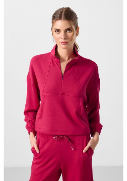 Viva Kırmızı Yumuşak Dokulu Dik Yaka Gizli Fermuarlı Oversize Kadın Eşofman Takım - 95351 modelleri