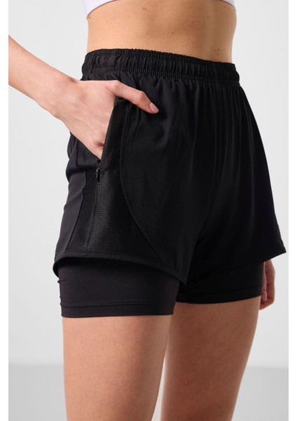 Siyah Polyester Gizli Cep Fermuarlı Standart Kalıp Kadın Içi Taytlı Şort - 91015 fırsatları