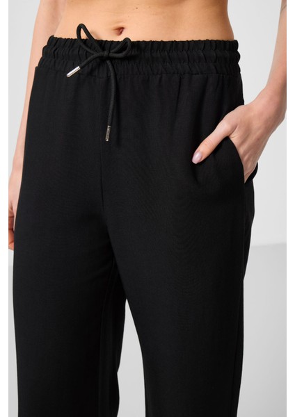 Siyah Keten Geniş Paça Rahat Form Kadın Palazzo Pantolon - 94675 modelleri