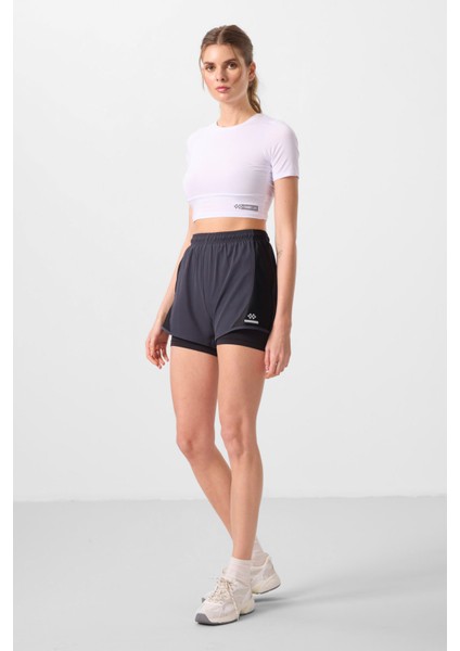 Antrasit Polyester Gizli Cep Fermuarlı Standart Kalıp Kadın Içi Taytlı Şort - 91015