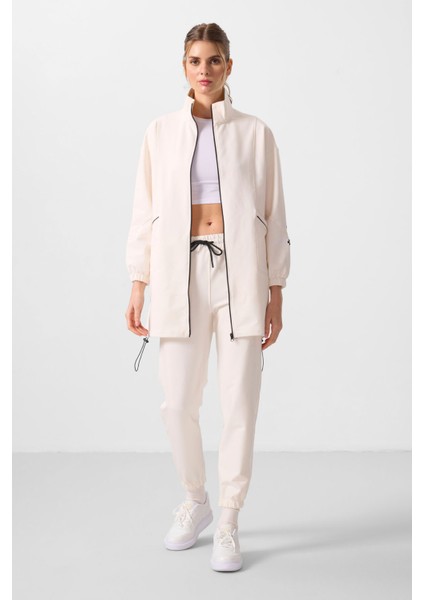 Ekru Dik Yaka Fermuarlı Rahat Form Kadın Eşofman Tunik Takım - 95345