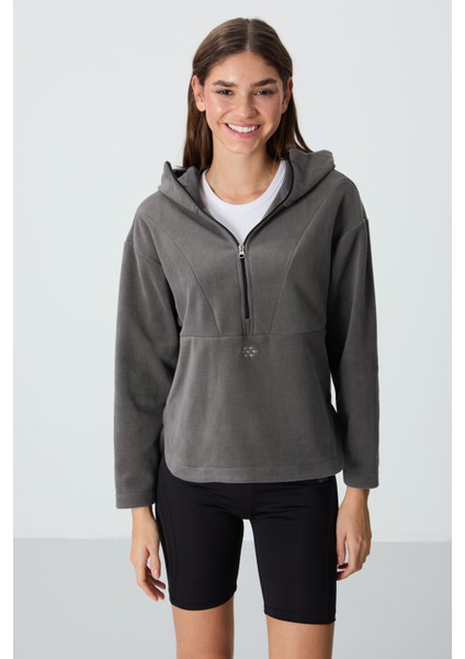 Koyu Gri Kalın Yumuşak Dokulu Kapüşonlu Oversize Nakışlı Polar Kadın Sweatshirt -97286 fırsatları