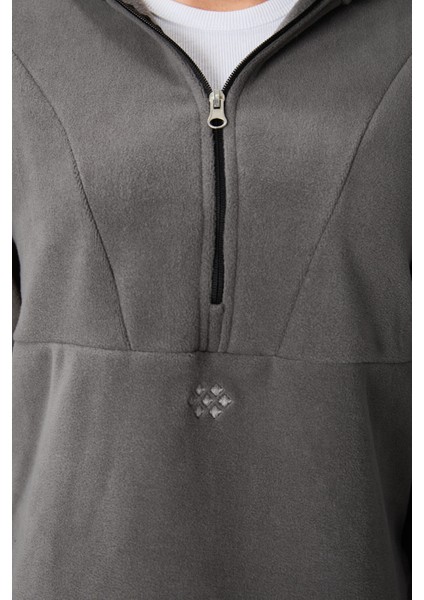 Koyu Gri Kalın Yumuşak Dokulu Kapüşonlu Oversize Nakışlı Polar Kadın Sweatshirt -97286 indirimleri