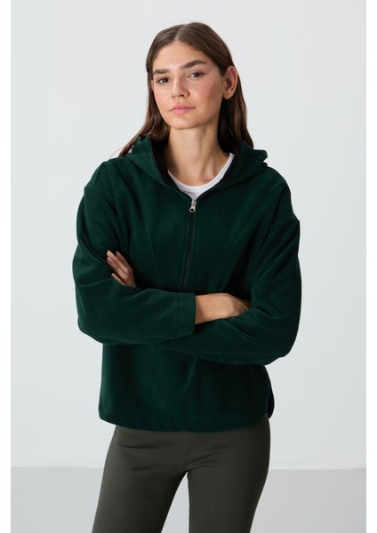 Çam Yeşili Kalın Yumuşak Dokulu Kapüşonlu Oversize Nakışlı Polar Kadın Sweatshirt -97286 fiyatları