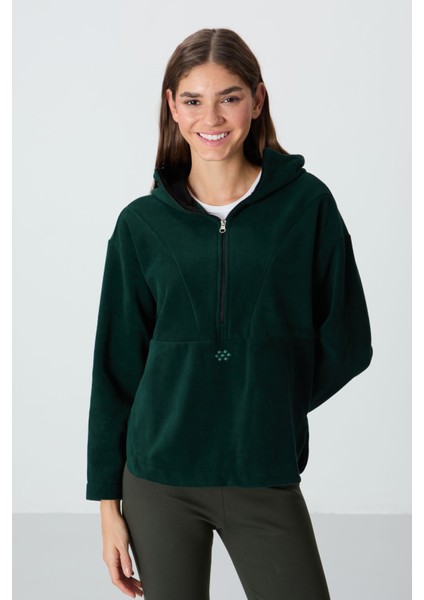 Çam Yeşili Kalın Yumuşak Dokulu Kapüşonlu Oversize Nakışlı Polar Kadın Sweatshirt -97286 modelleri