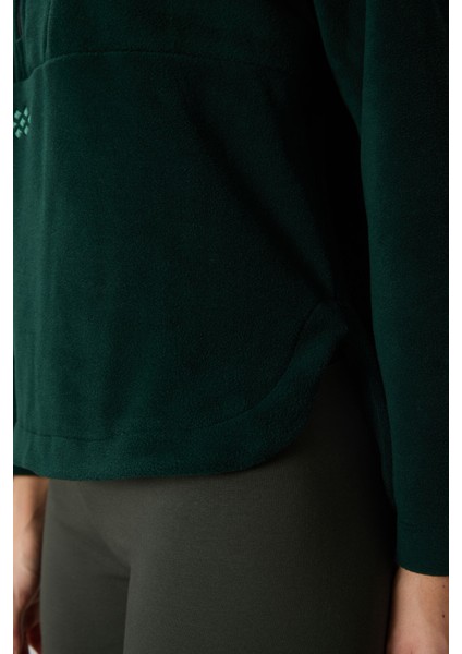 Çam Yeşili Kalın Yumuşak Dokulu Kapüşonlu Oversize Nakışlı Polar Kadın Sweatshirt -97286 indirimleri