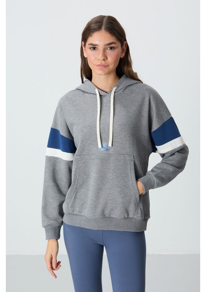 Gri Melanj Kompakt Pamuklu Kalın Pürüzsüz Dokulu Kapüşonlu Oversize Fit Kadın Sweatshirt - 97290