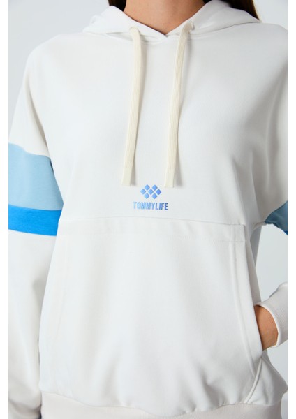 Ekru Kompakt Pamuklu Kalın Pürüzsüz Dokulu Kapüşonlu Oversize Fit Kadın Sweatshirt - 97290 fiyatları