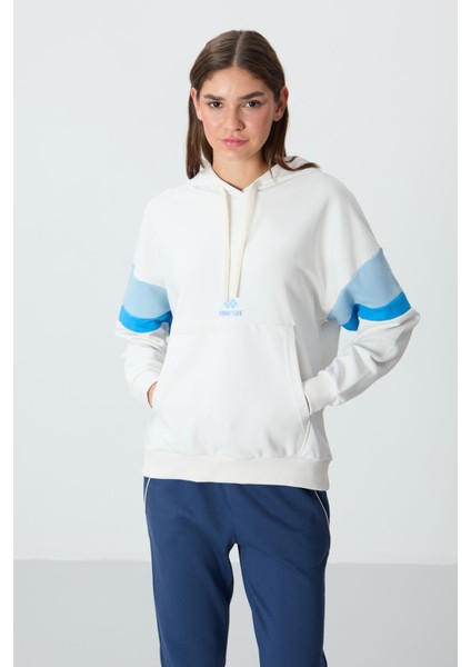 Ekru Kompakt Pamuklu Kalın Pürüzsüz Dokulu Kapüşonlu Oversize Fit Kadın Sweatshirt - 97290 fırsatları