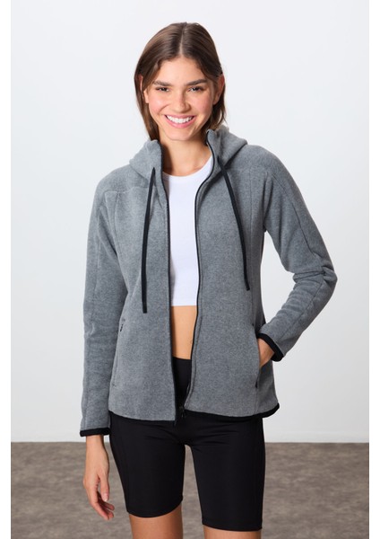 Gri Melanj Kalın Yumuşak Dokulu Kapüşonlu Standart Fit Nakışlı Polar Kadın Sweatshirt -97287