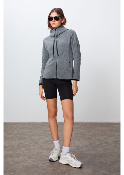 Gri Melanj Kalın Yumuşak Dokulu Kapüşonlu Standart Fit Nakışlı Polar Kadın Sweatshirt -97287 fiyatları