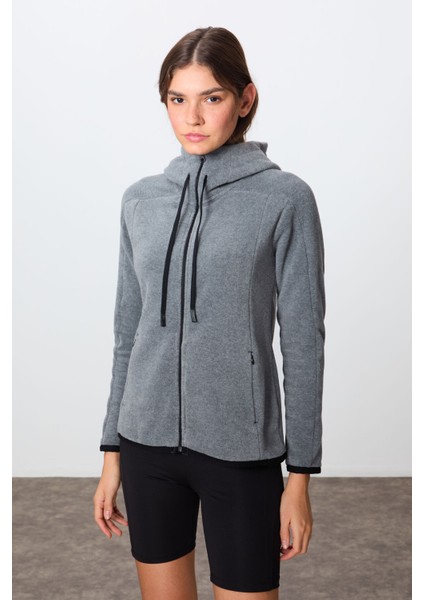 Gri Melanj Kalın Yumuşak Dokulu Kapüşonlu Standart Fit Nakışlı Polar Kadın Sweatshirt -97287 modelleri