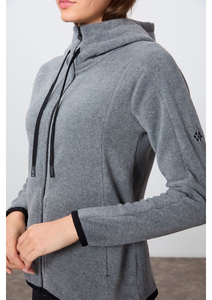 Gri Melanj Kalın Yumuşak Dokulu Kapüşonlu Standart Fit Nakışlı Polar Kadın Sweatshirt -97287 indirimleri