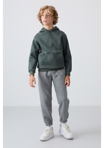 Gri Melanj Pamuklu Kalın İçi Tüylü Yumuşak Dokulu Standart Fit Baskılı Erkek Çocuk Eşofman Alt - 11225