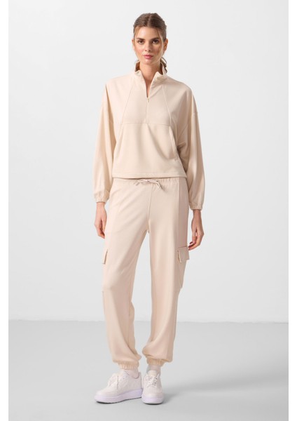 Bej Yumuşak Dokulu Dik Yaka Gizli Fermuarlı Oversize Kadın Eşofman Takım - 95351