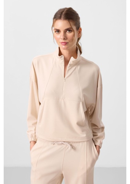 Bej Yumuşak Dokulu Dik Yaka Gizli Fermuarlı Oversize Kadın Eşofman Takım - 95351 modelleri
