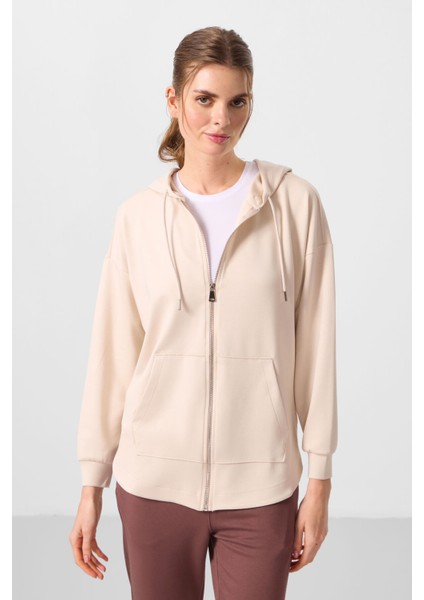 Bej Yumuşak Dokulu Kapüşonlu Oversize Kadın Tunik Sweatshirt - 97302