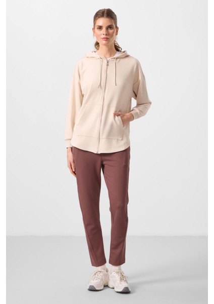 Bej Yumuşak Dokulu Kapüşonlu Oversize Kadın Tunik Sweatshirt - 97302 fiyatları